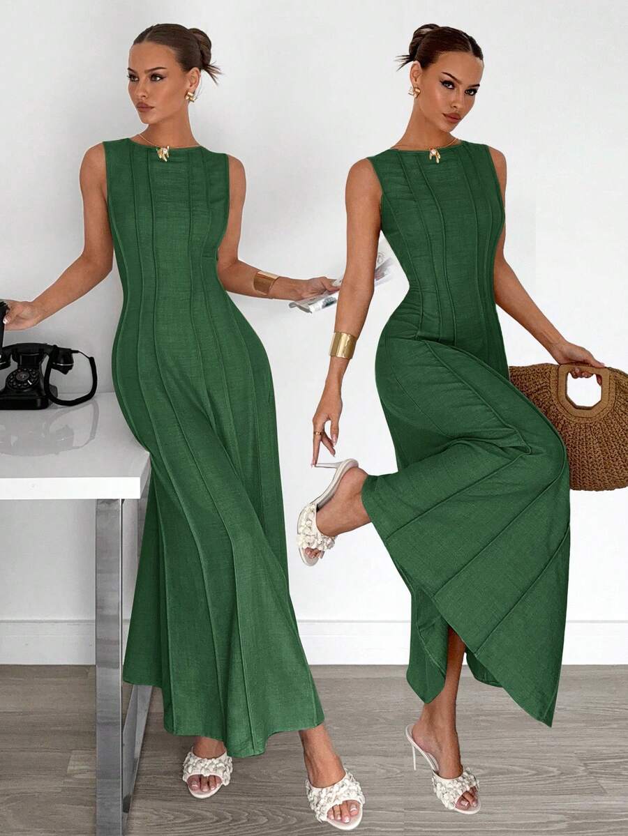 Siren Gaze New  Linen Long Dress For Women, Split Pleated Waist A-Line Dress, Elegant Long Dress, Sun Dresses For Women Holiday Wear, Imitation Linen Flowing Long Dress, Business Casual Women's Wear,Fall Women Clothes Party Summer
