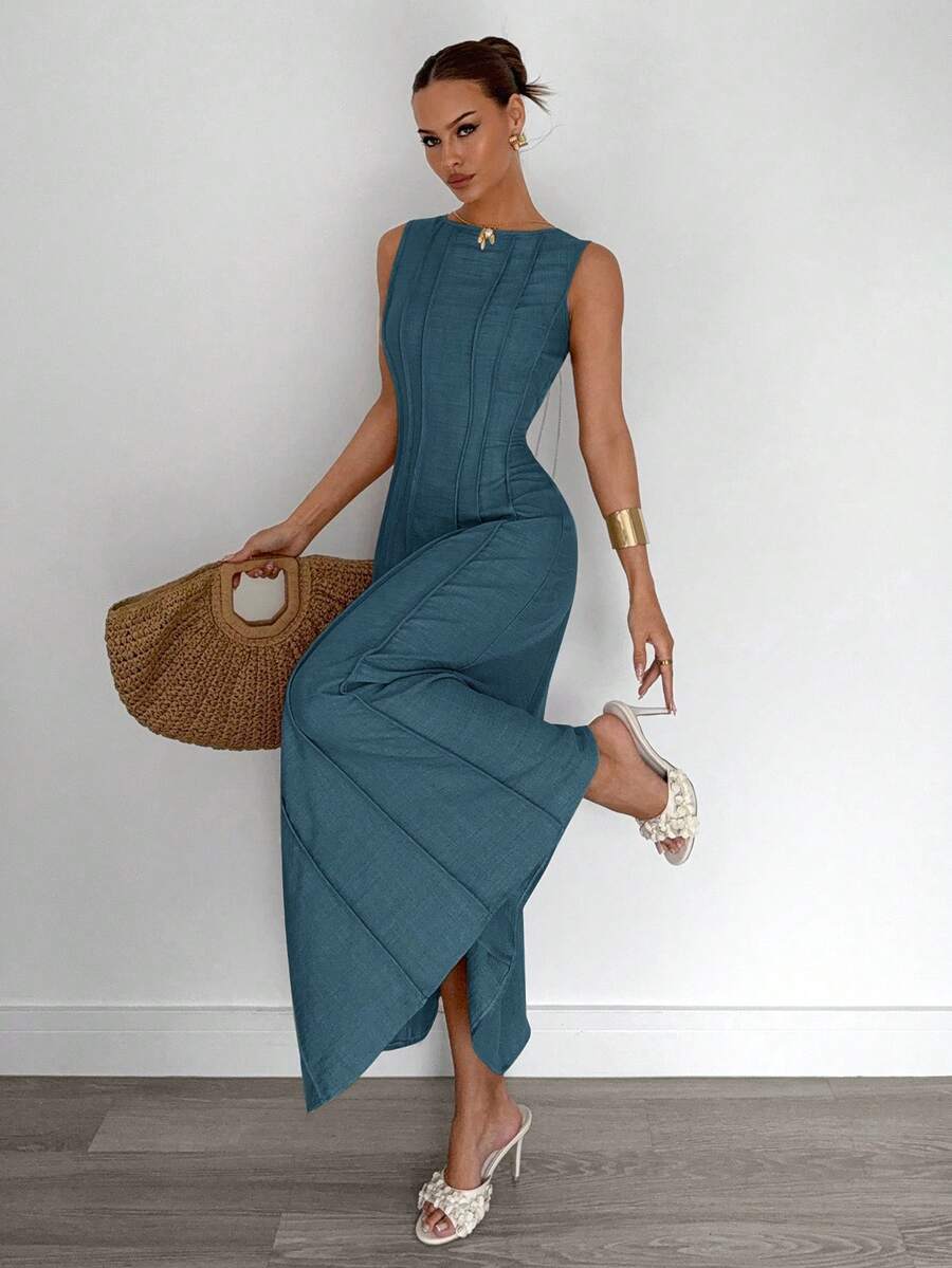 Siren Gaze New  Linen Long Dress For Women, Split Pleated Waist A-Line Dress, Elegant Long Dress, Sun Dresses For Women Holiday Wear, Imitation Linen Flowing Long Dress, Business Casual Women's Wear,Fall Women Clothes Party Summer
