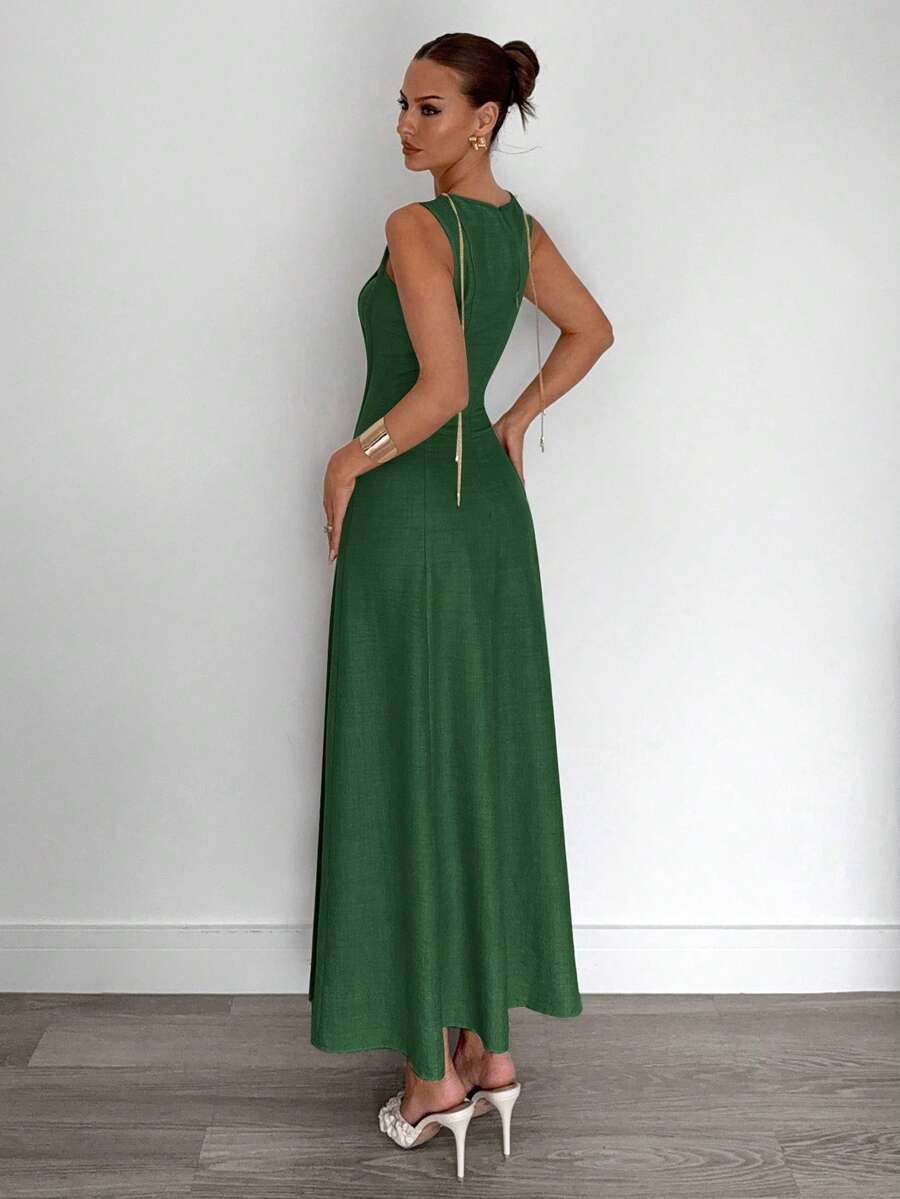 Siren Gaze New  Linen Long Dress For Women, Split Pleated Waist A-Line Dress, Elegant Long Dress, Sun Dresses For Women Holiday Wear, Imitation Linen Flowing Long Dress, Business Casual Women's Wear,Fall Women Clothes Party Summer