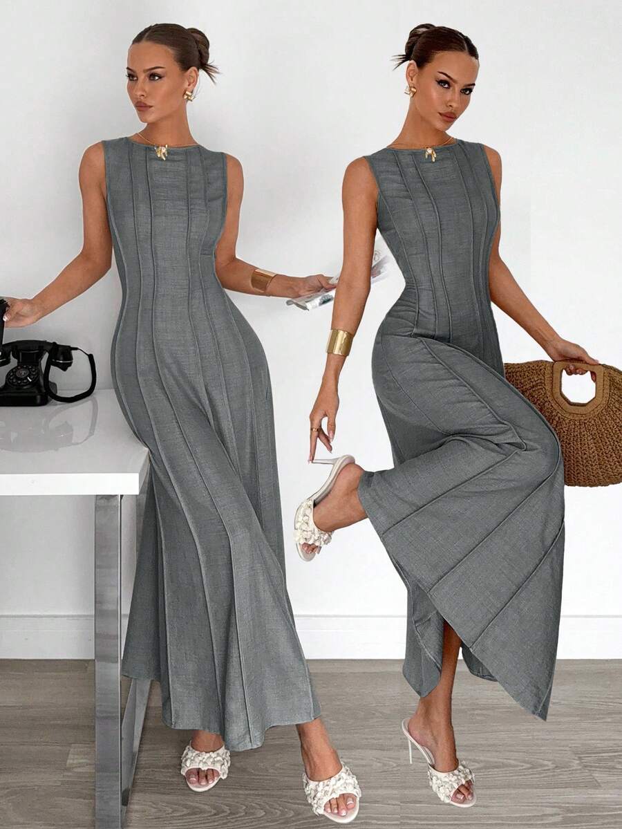 Siren Gaze New  Linen Long Dress For Women, Split Pleated Waist A-Line Dress, Elegant Long Dress, Sun Dresses For Women Holiday Wear, Imitation Linen Flowing Long Dress, Business Casual Women's Wear,Fall Women Clothes Party Summer