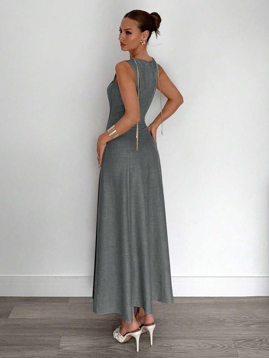 Siren Gaze New  Linen Long Dress For Women, Split Pleated Waist A-Line Dress, Elegant Long Dress, Sun Dresses For Women Holiday Wear, Imitation Linen Flowing Long Dress, Business Casual Women's Wear,Fall Women Clothes Party Summer