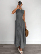 Siren Gaze New  Linen Long Dress For Women, Split Pleated Waist A-Line Dress, Elegant Long Dress, Sun Dresses For Women Holiday Wear, Imitation Linen Flowing Long Dress, Business Casual Women's Wear,Fall Women Clothes Party Summer