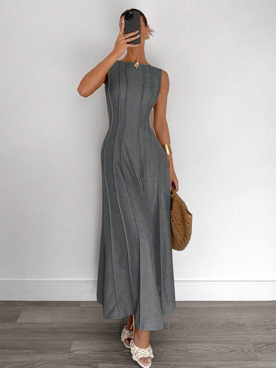 Siren Gaze New  Linen Long Dress For Women, Split Pleated Waist A-Line Dress, Elegant Long Dress, Sun Dresses For Women Holiday Wear, Imitation Linen Flowing Long Dress, Business Casual Women's Wear,Fall Women Clothes Party Summer