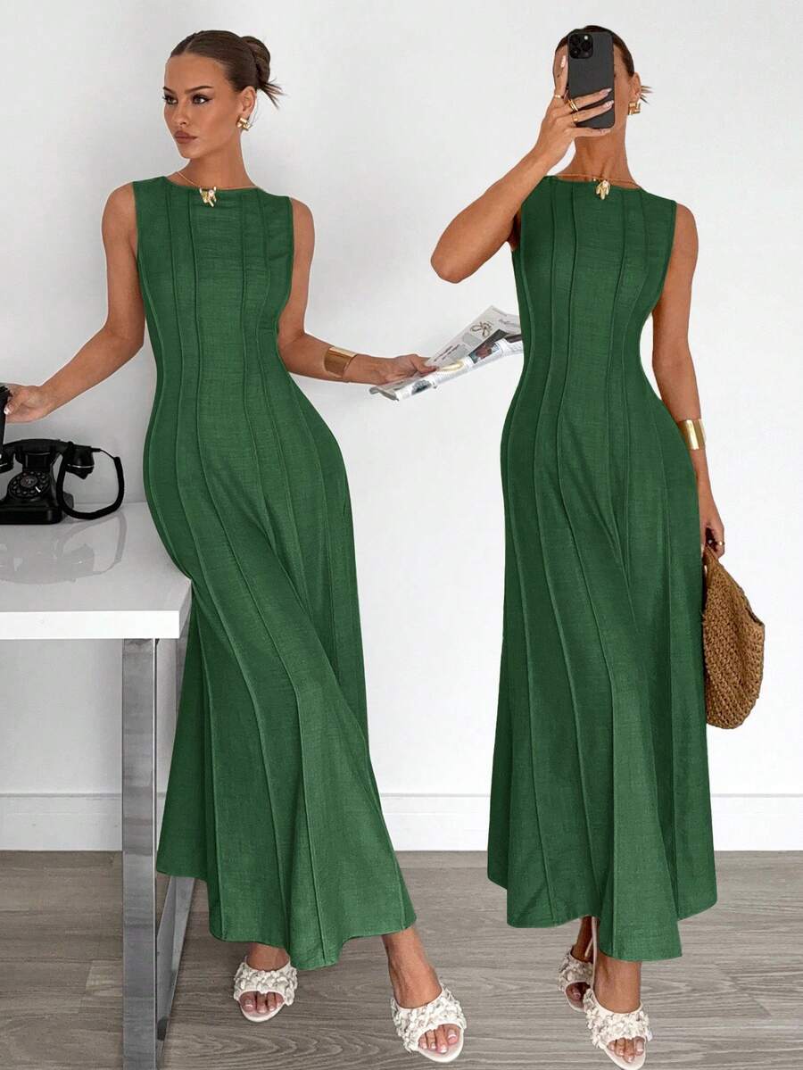 Siren Gaze New  Linen Long Dress For Women, Split Pleated Waist A-Line Dress, Elegant Long Dress, Sun Dresses For Women Holiday Wear, Imitation Linen Flowing Long Dress, Business Casual Women's Wear,Fall Women Clothes Party Summer