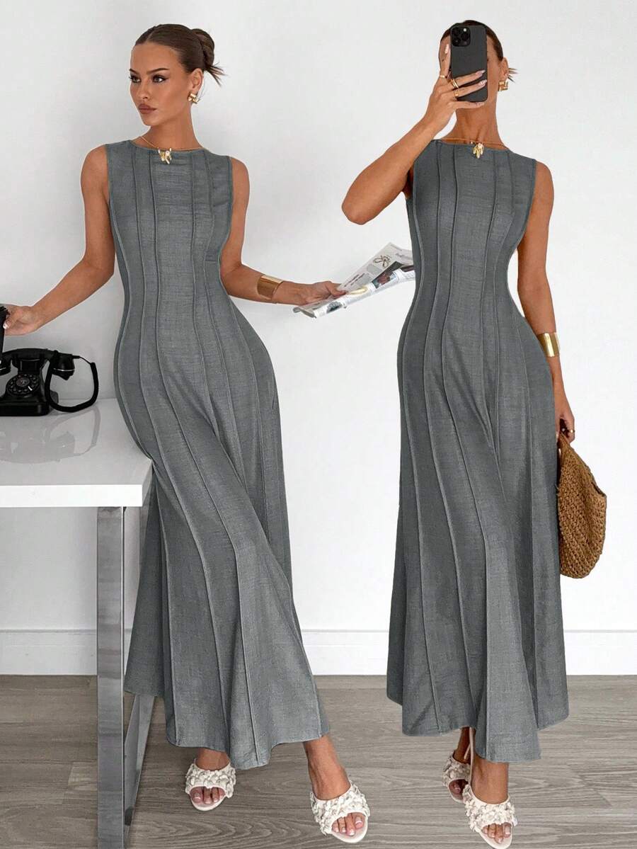 Siren Gaze New  Linen Long Dress For Women, Split Pleated Waist A-Line Dress, Elegant Long Dress, Sun Dresses For Women Holiday Wear, Imitation Linen Flowing Long Dress, Business Casual Women's Wear,Fall Women Clothes Party Summer
