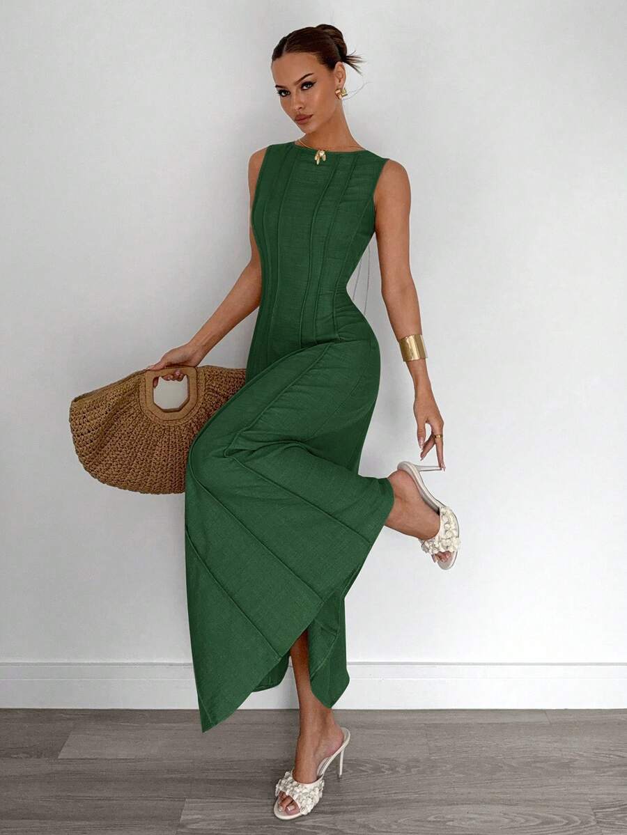 Siren Gaze New  Linen Long Dress For Women, Split Pleated Waist A-Line Dress, Elegant Long Dress, Sun Dresses For Women Holiday Wear, Imitation Linen Flowing Long Dress, Business Casual Women's Wear,Fall Women Clothes Party Summer