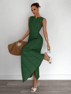 Siren Gaze New  Linen Long Dress For Women, Split Pleated Waist A-Line Dress, Elegant Long Dress, Sun Dresses For Women Holiday Wear, Imitation Linen Flowing Long Dress, Business Casual Women's Wear,Fall Women Clothes Party Summer