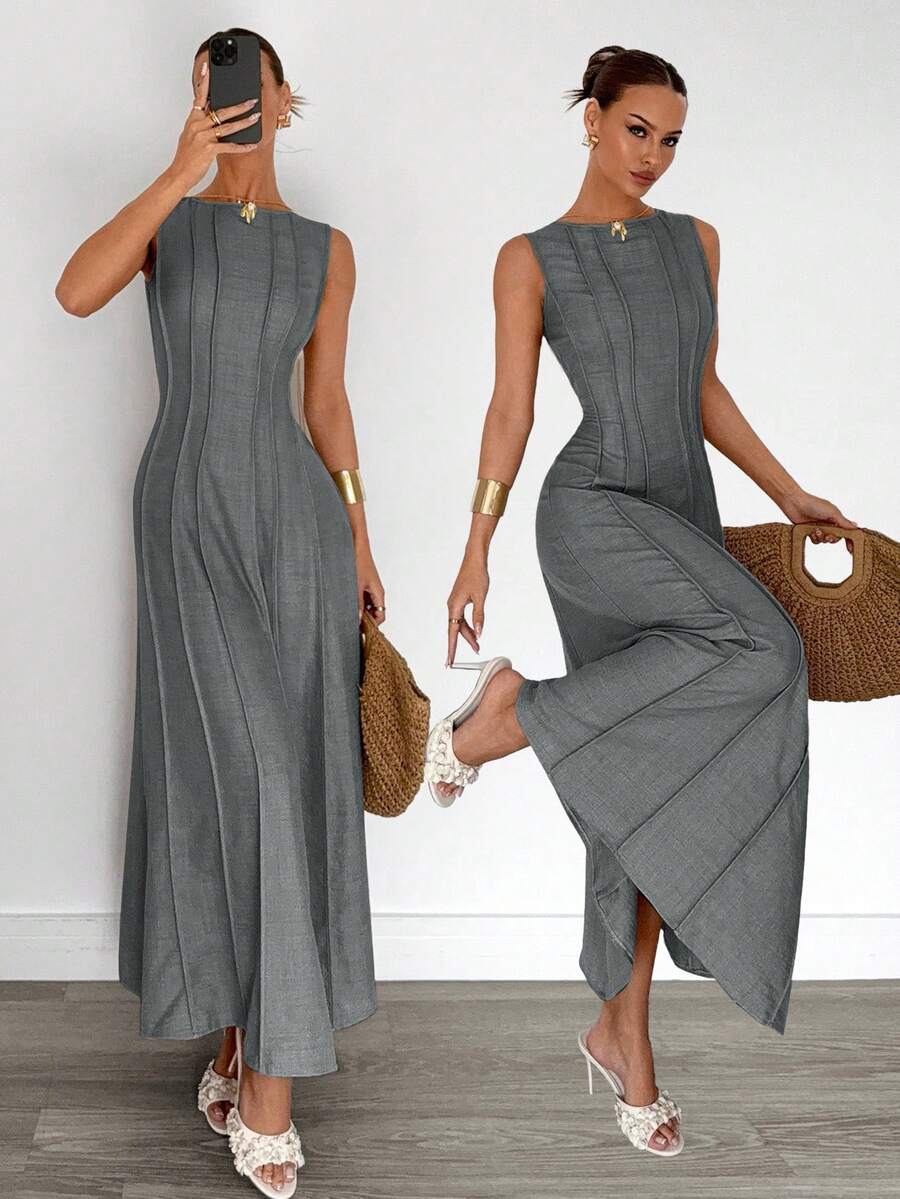 Siren Gaze New  Linen Long Dress For Women, Split Pleated Waist A-Line Dress, Elegant Long Dress, Sun Dresses For Women Holiday Wear, Imitation Linen Flowing Long Dress, Business Casual Women's Wear,Fall Women Clothes Party Summer