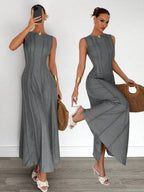 Siren Gaze New  Linen Long Dress For Women, Split Pleated Waist A-Line Dress, Elegant Long Dress, Sun Dresses For Women Holiday Wear, Imitation Linen Flowing Long Dress, Business Casual Women's Wear,Fall Women Clothes Party Summer