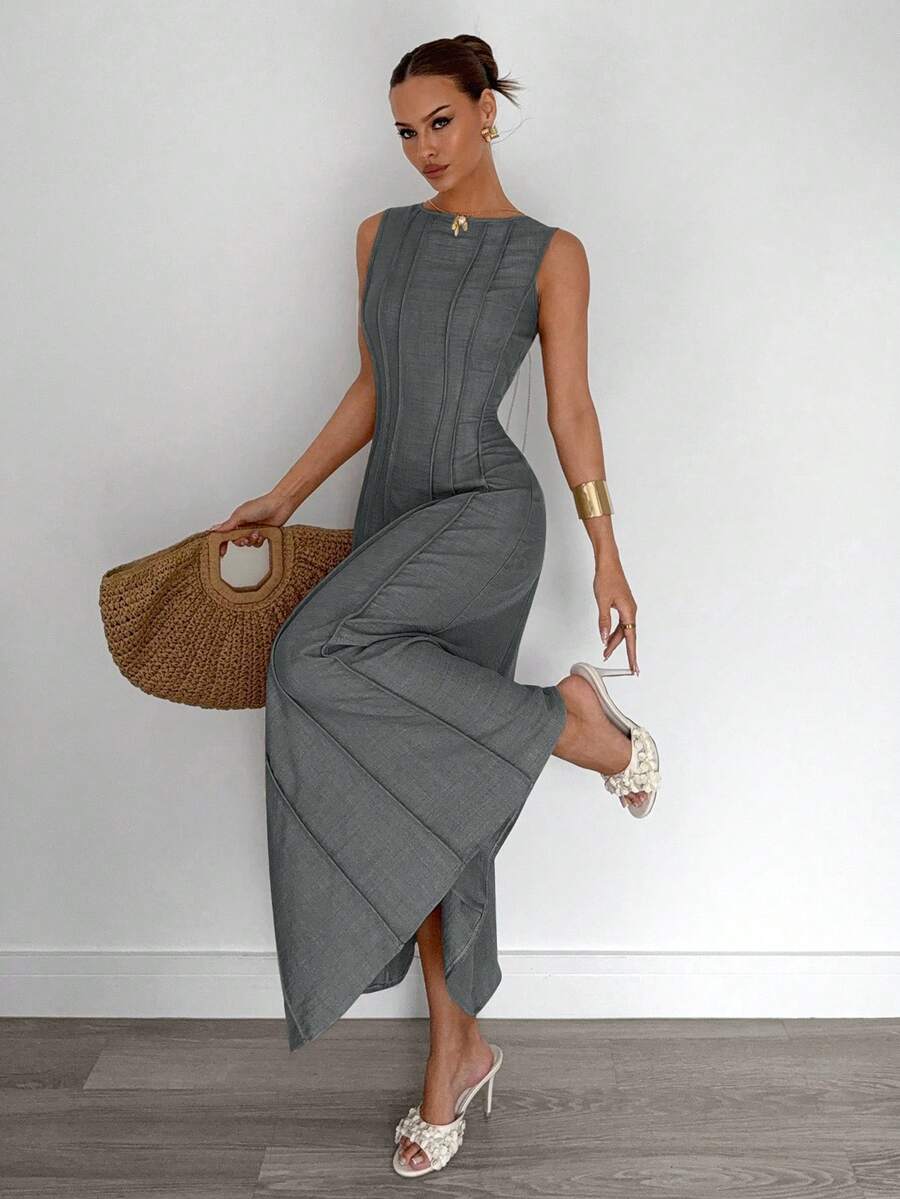 Siren Gaze New  Linen Long Dress For Women, Split Pleated Waist A-Line Dress, Elegant Long Dress, Sun Dresses For Women Holiday Wear, Imitation Linen Flowing Long Dress, Business Casual Women's Wear,Fall Women Clothes Party Summer