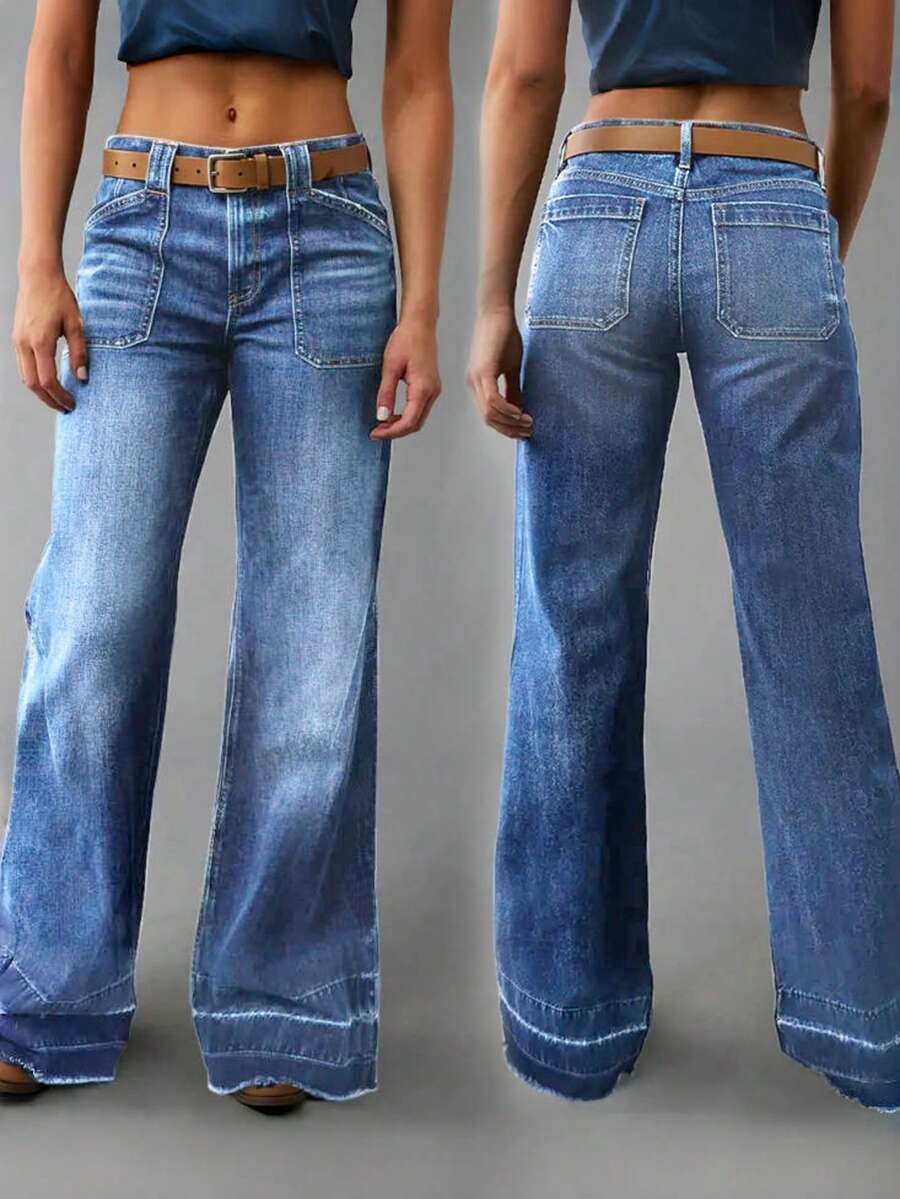 Women's Wide Leg Flared Jeans With Diamond Shaped Front Pockets