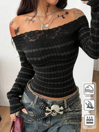 Coolane Women's Winter Streetwear Basic Casual Y2K Rib Knit Witchy Goth Music Festival  Lace Patchwork Off The Shoulder Warm/ Cold Weather/ Thermal Long Sleeve Black Top