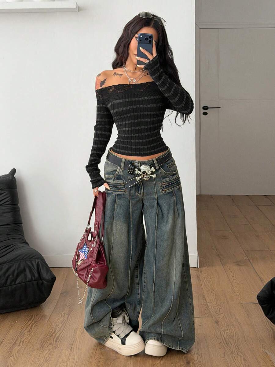 Coolane Women's Winter Streetwear Basic Casual Y2K Rib Knit Witchy Goth Music Festival  Lace Patchwork Off The Shoulder Warm/ Cold Weather/ Thermal Long Sleeve Black Top