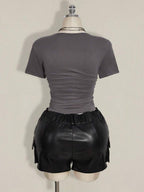 SHEIN ICON Plus Size V-Neck Lace Patchwork Waist Ruched Fitted Knit Top, Sexy T-Shirt For Spring/Summer, Wedding Guest Top