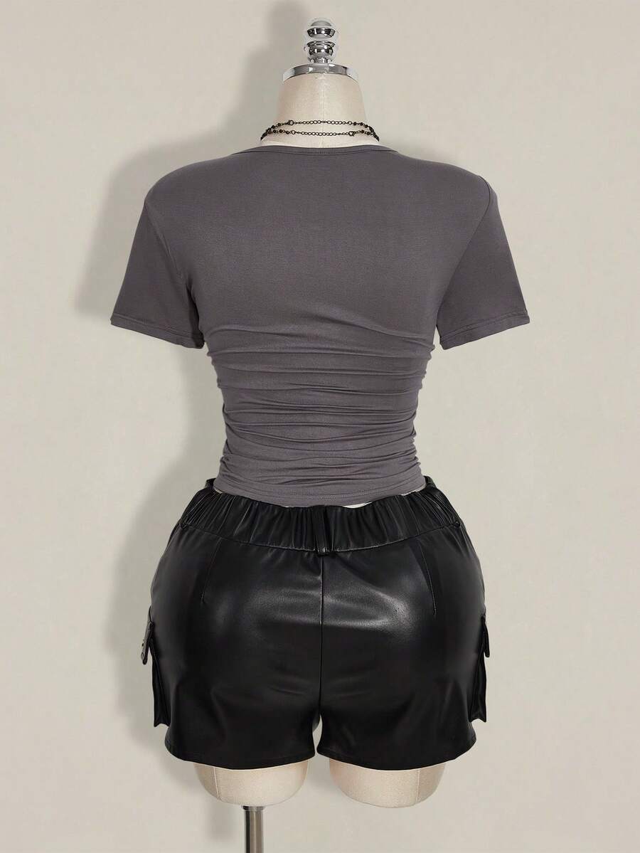 SHEIN ICON Plus Size V-Neck Lace Patchwork Waist Ruched Fitted Knit Top, Sexy T-Shirt For Spring/Summer, Wedding Guest Top