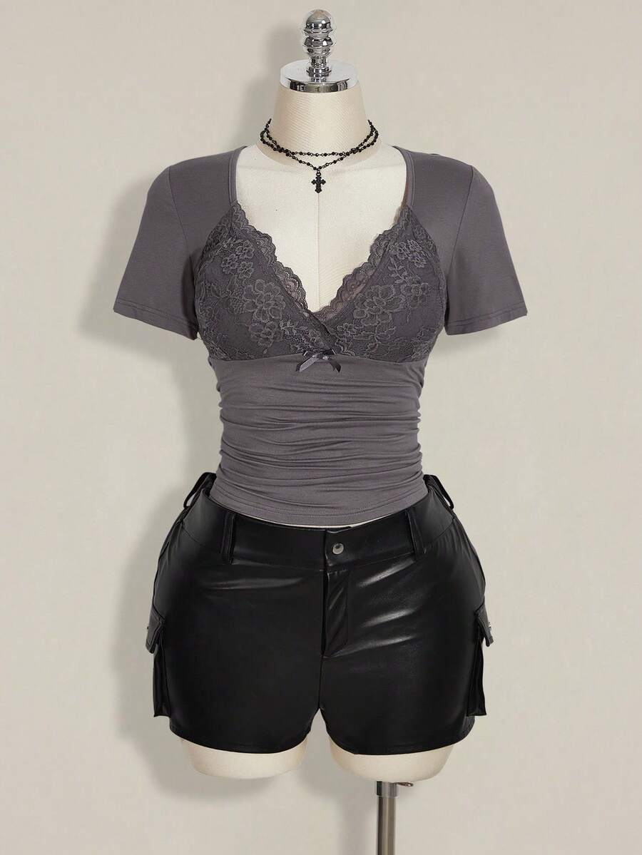 SHEIN ICON Plus Size V-Neck Lace Patchwork Waist Ruched Fitted Knit Top, Sexy T-Shirt For Spring/Summer, Wedding Guest Top