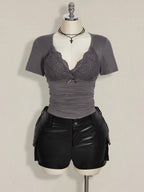 SHEIN ICON Plus Size V-Neck Lace Patchwork Waist Ruched Fitted Knit Top, Sexy T-Shirt For Spring/Summer, Wedding Guest Top