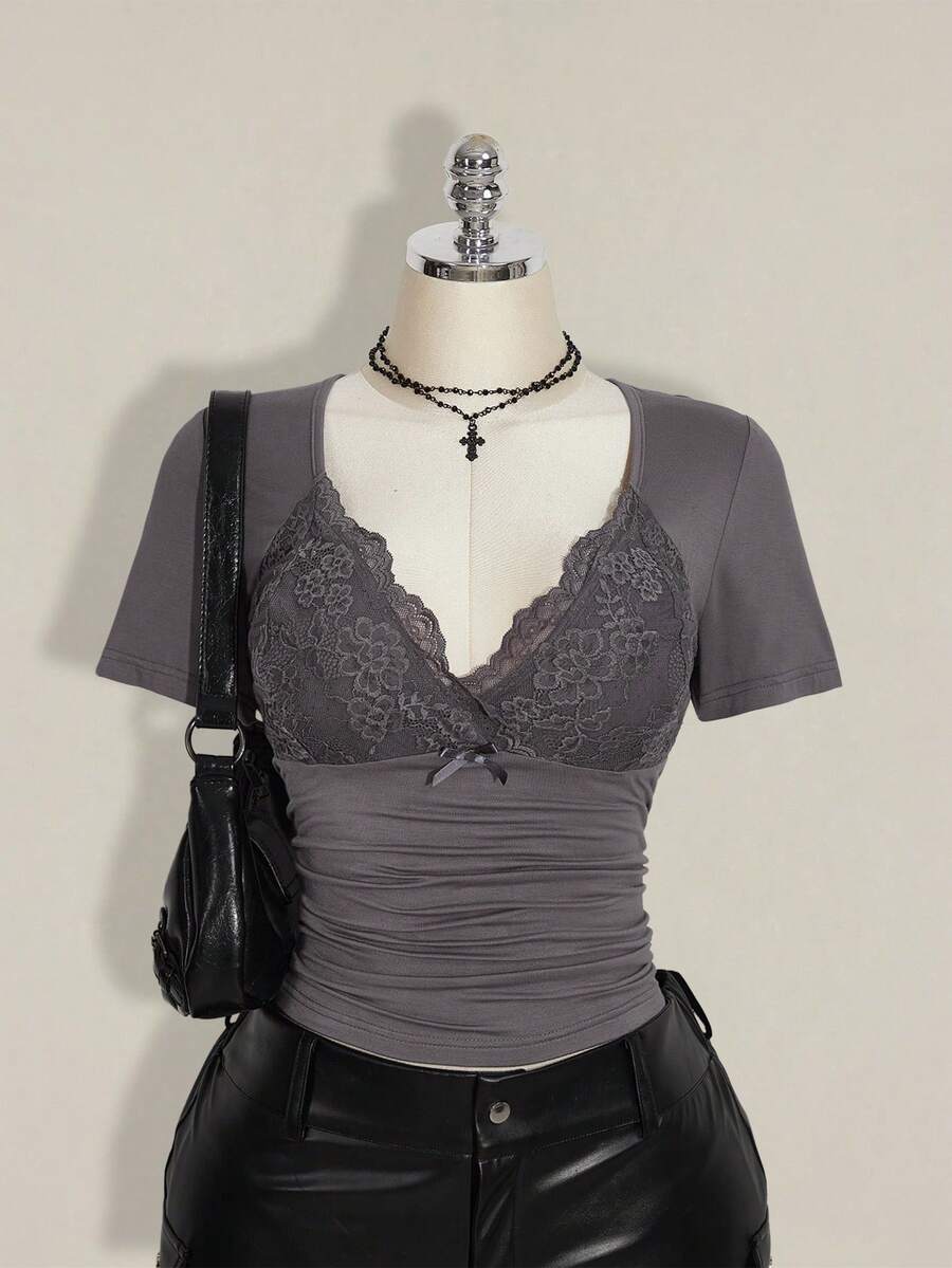 SHEIN ICON Plus Size V-Neck Lace Patchwork Waist Ruched Fitted Knit Top, Sexy T-Shirt For Spring/Summer, Wedding Guest Top