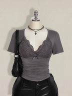 SHEIN ICON Plus Size V-Neck Lace Patchwork Waist Ruched Fitted Knit Top, Sexy T-Shirt For Spring/Summer, Wedding Guest Top