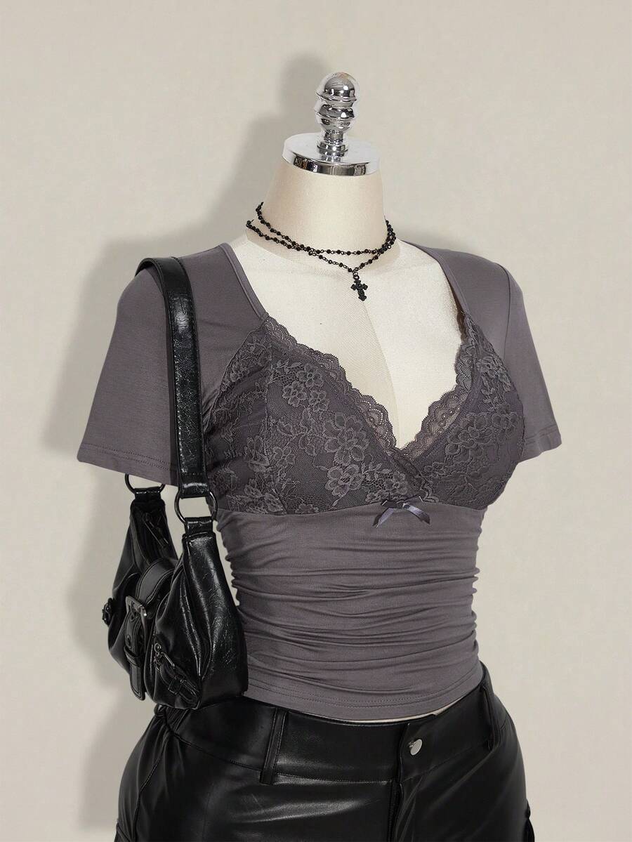 SHEIN ICON Plus Size V-Neck Lace Patchwork Waist Ruched Fitted Knit Top, Sexy T-Shirt For Spring/Summer, Wedding Guest Top