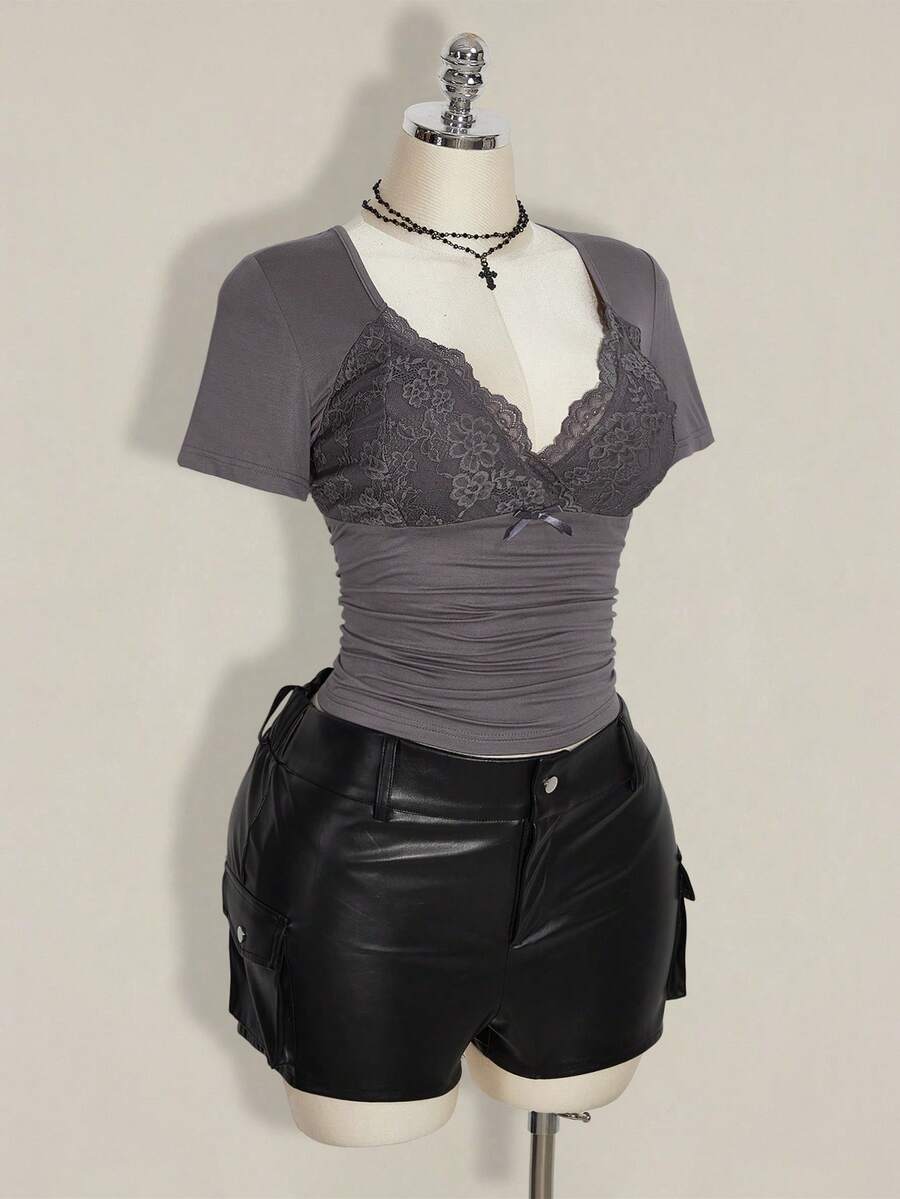 SHEIN ICON Plus Size V-Neck Lace Patchwork Waist Ruched Fitted Knit Top, Sexy T-Shirt For Spring/Summer, Wedding Guest Top