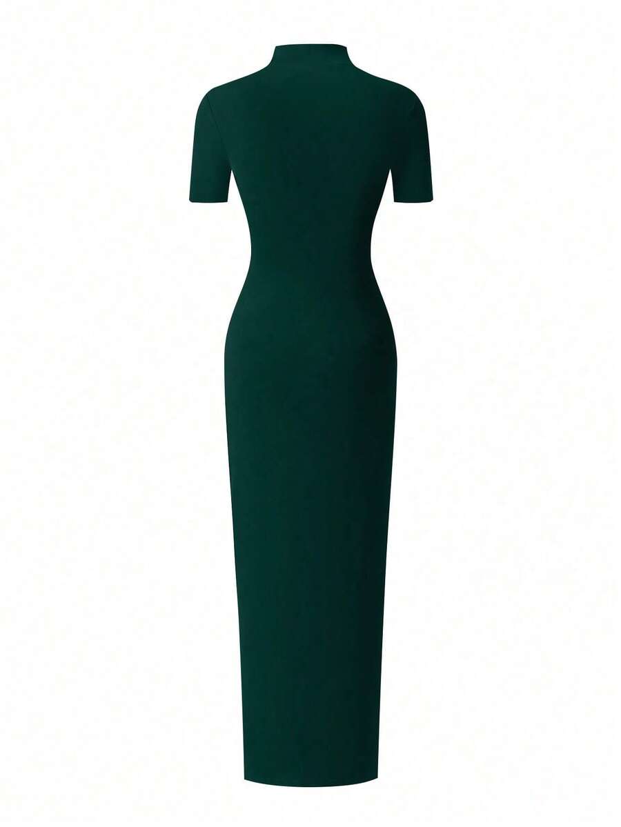 EARO Women's Long Slit Bodycon Dress, High-End Elegant Fashion Casual Versatile Layering Dress, TighRucheded Long Sleeve High Neck Knit Stretchy Mini Dress