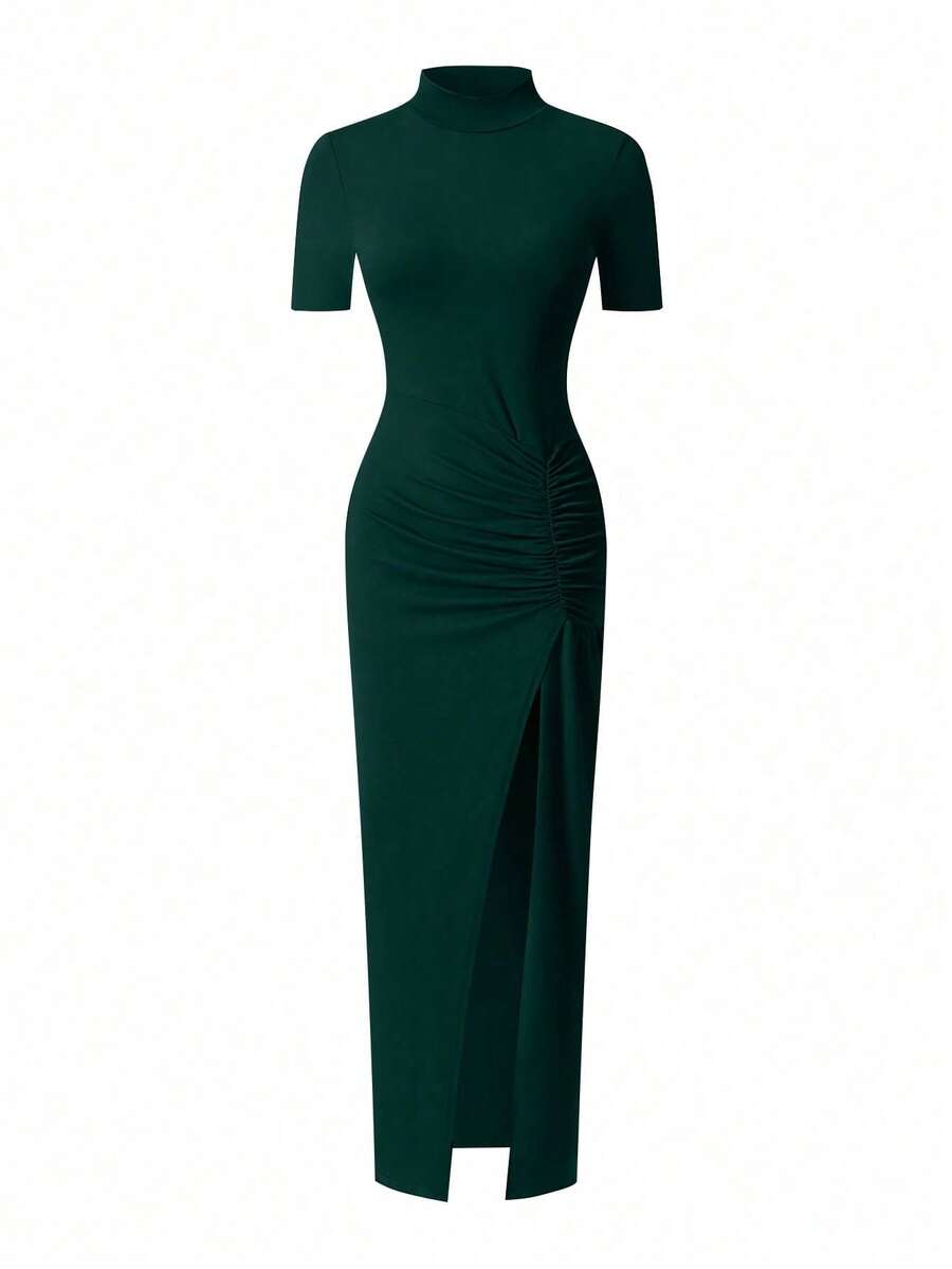 EARO Women's Long Slit Bodycon Dress, High-End Elegant Fashion Casual Versatile Layering Dress, TighRucheded Long Sleeve High Neck Knit Stretchy Mini Dress