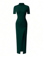 EARO Women's Long Slit Bodycon Dress, High-End Elegant Fashion Casual Versatile Layering Dress, TighRucheded Long Sleeve High Neck Knit Stretchy Mini Dress