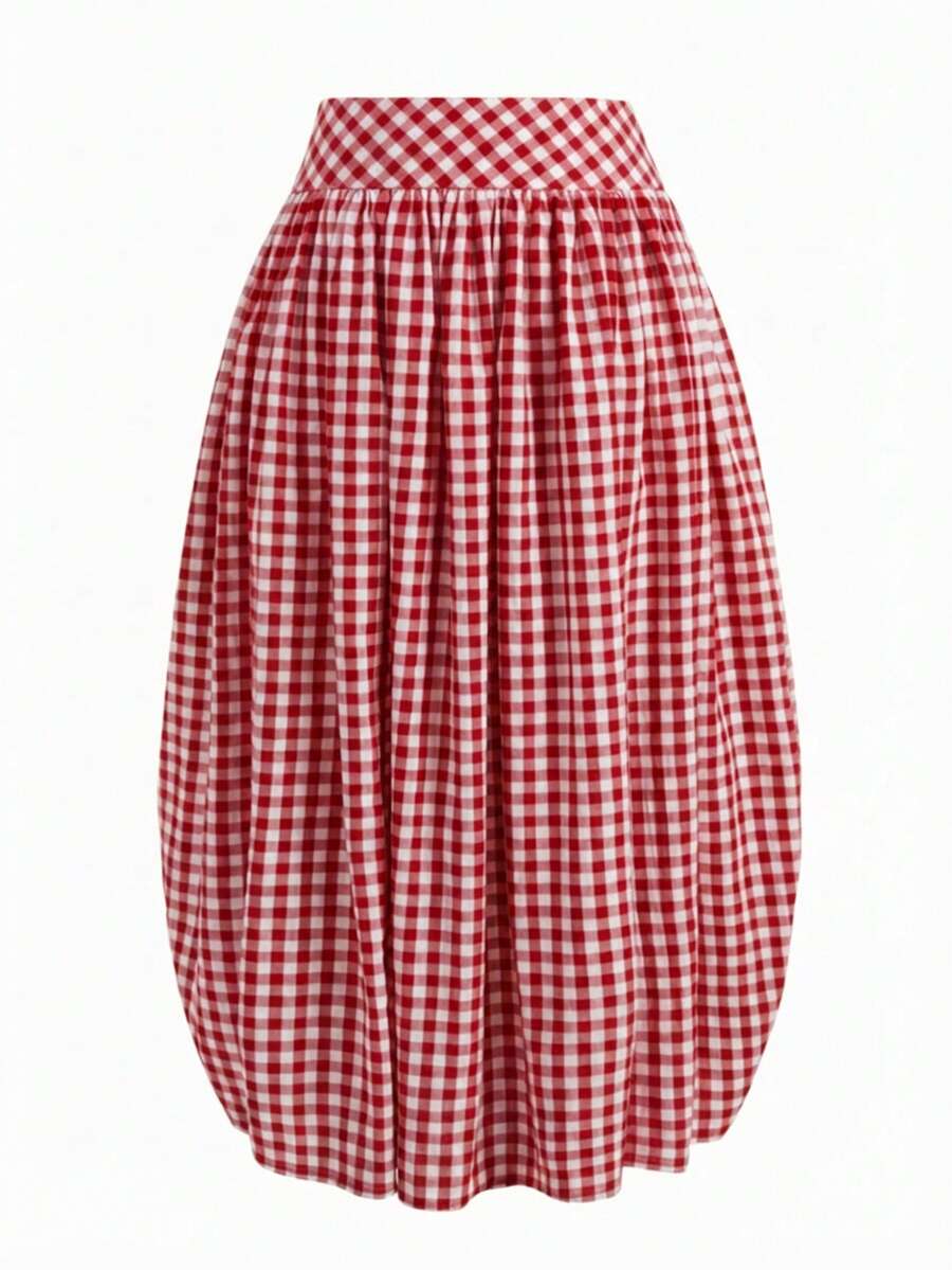 Solstice Apparel Gingham Print Drawstring Ruched Balloon Skirt, High Waist Loose Slim Fit Midi Skirt, Retro Cottagecore Style, Perfect For Daily Commute, Outings & Dates, Spring Summer Versatile Bottoms