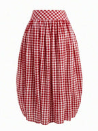 Solstice Apparel Gingham Print Drawstring Ruched Balloon Skirt, High Waist Loose Slim Fit Midi Skirt, Retro Cottagecore Style, Perfect For Daily Commute, Outings & Dates, Spring Summer Versatile Bottoms