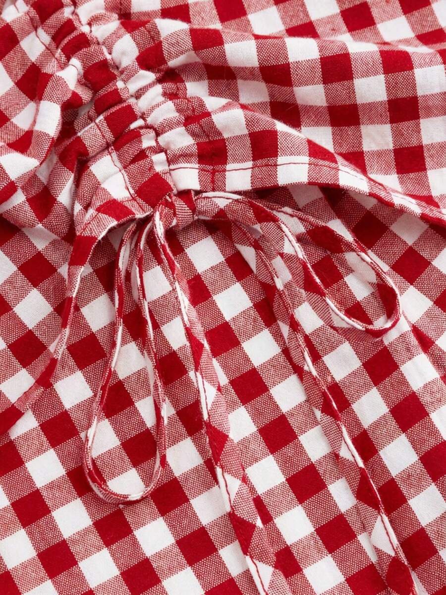 Solstice Apparel Gingham Print Drawstring Ruched Balloon Skirt, High Waist Loose Slim Fit Midi Skirt, Retro Cottagecore Style, Perfect For Daily Commute, Outings & Dates, Spring Summer Versatile Bottoms