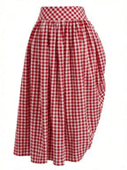 Solstice Apparel Gingham Print Drawstring Ruched Balloon Skirt, High Waist Loose Slim Fit Midi Skirt, Retro Cottagecore Style, Perfect For Daily Commute, Outings & Dates, Spring Summer Versatile Bottoms