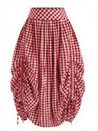 Solstice Apparel Gingham Print Drawstring Ruched Balloon Skirt, High Waist Loose Slim Fit Midi Skirt, Retro Cottagecore Style, Perfect For Daily Commute, Outings & Dates, Spring Summer Versatile Bottoms