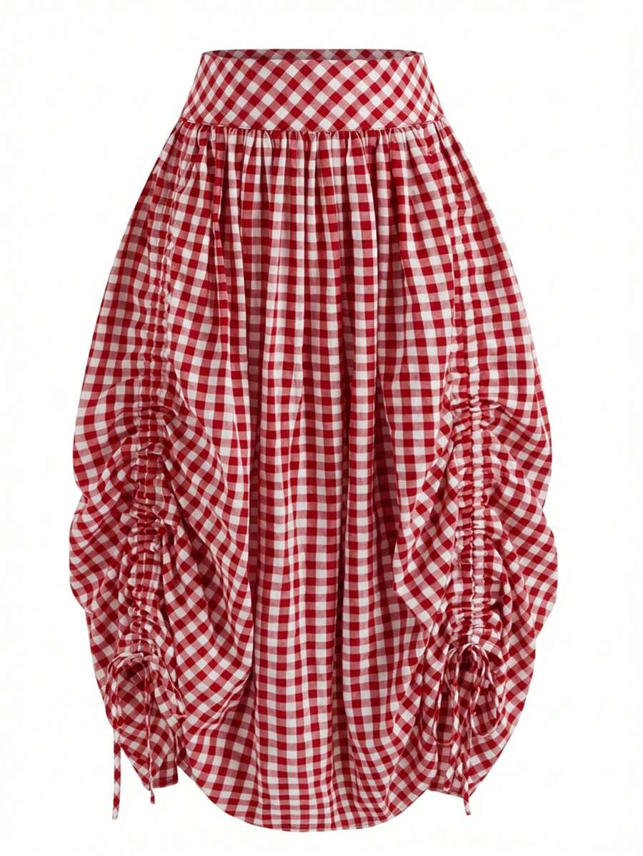 Solstice Apparel Gingham Print Drawstring Ruched Balloon Skirt, High Waist Loose Slim Fit Midi Skirt, Retro Cottagecore Style, Perfect For Daily Commute, Outings & Dates, Spring Summer Versatile Bottoms