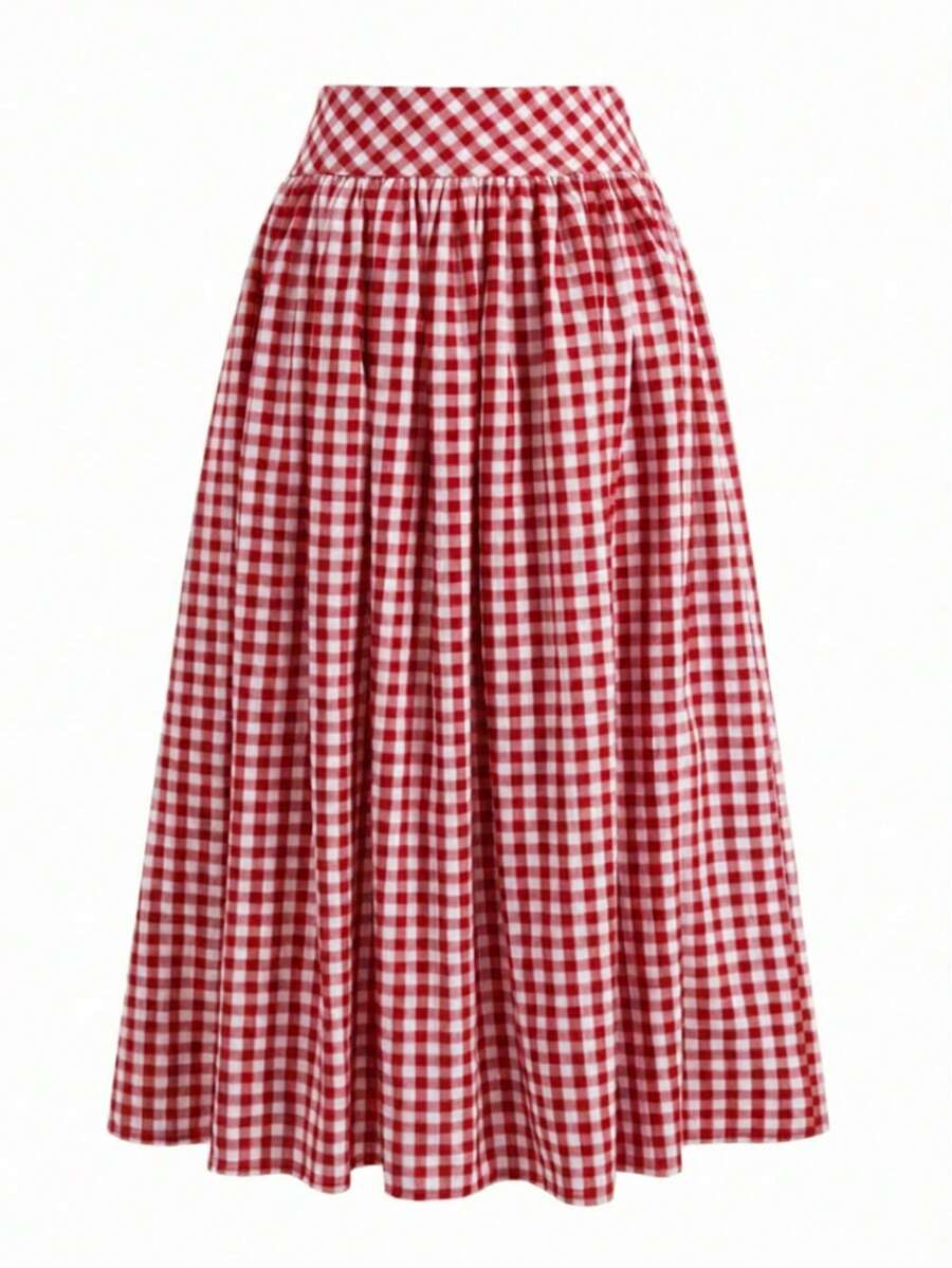 Solstice Apparel Gingham Print Drawstring Ruched Balloon Skirt, High Waist Loose Slim Fit Midi Skirt, Retro Cottagecore Style, Perfect For Daily Commute, Outings & Dates, Spring Summer Versatile Bottoms