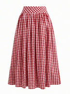 Solstice Apparel Gingham Print Drawstring Ruched Balloon Skirt, High Waist Loose Slim Fit Midi Skirt, Retro Cottagecore Style, Perfect For Daily Commute, Outings & Dates, Spring Summer Versatile Bottoms