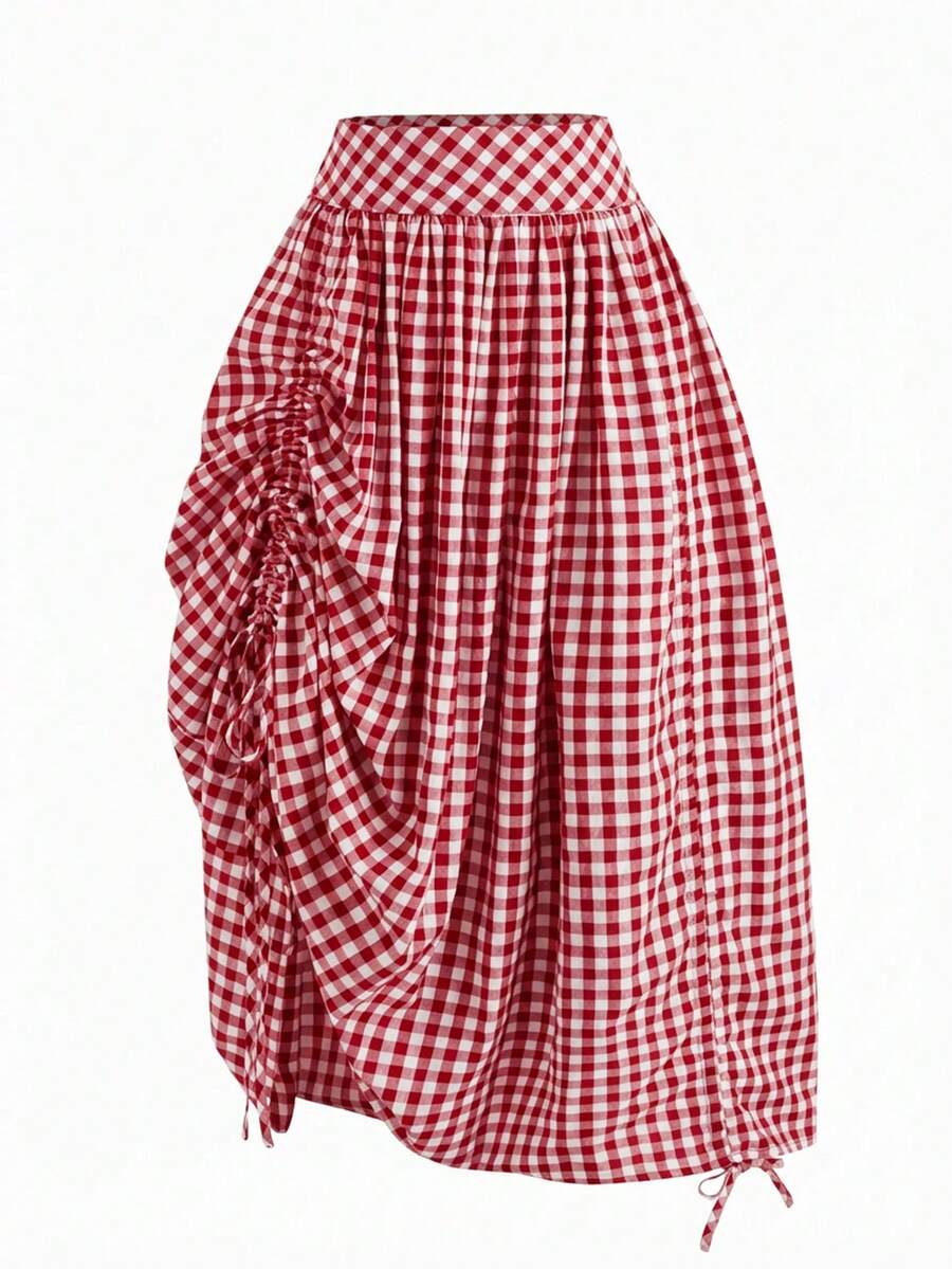 Solstice Apparel Gingham Print Drawstring Ruched Balloon Skirt, High Waist Loose Slim Fit Midi Skirt, Retro Cottagecore Style, Perfect For Daily Commute, Outings & Dates, Spring Summer Versatile Bottoms