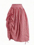 Solstice Apparel Gingham Print Drawstring Ruched Balloon Skirt, High Waist Loose Slim Fit Midi Skirt, Retro Cottagecore Style, Perfect For Daily Commute, Outings & Dates, Spring Summer Versatile Bottoms