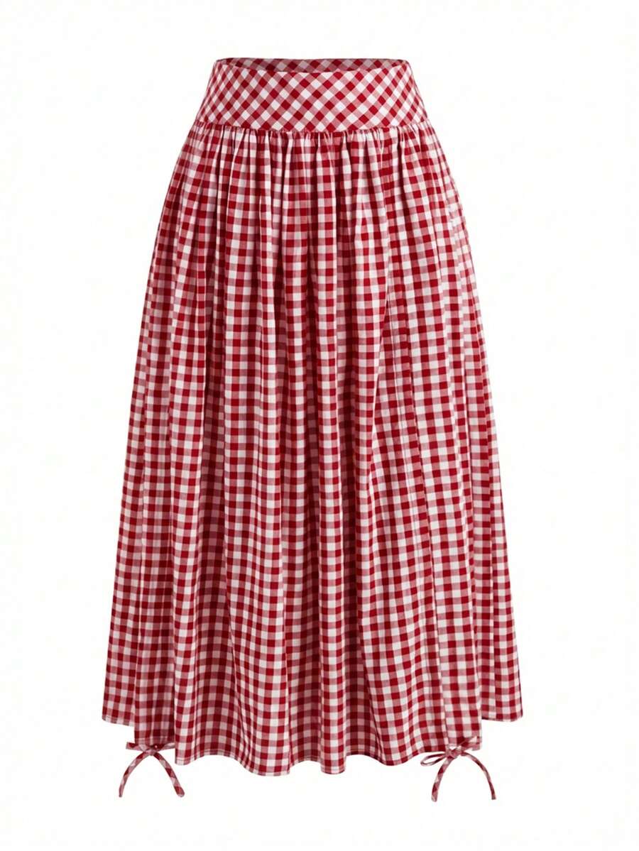Solstice Apparel Gingham Print Drawstring Ruched Balloon Skirt, High Waist Loose Slim Fit Midi Skirt, Retro Cottagecore Style, Perfect For Daily Commute, Outings & Dates, Spring Summer Versatile Bottoms