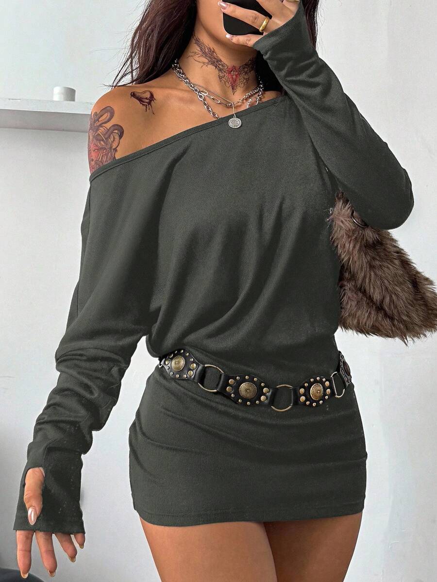 Coolane Women's Fall Y2K Basic Daily Wear Casual Black Knit Asymmetrical Shoulder Batwing Sleeve Beltless Mini Dress