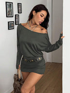 Coolane Women's Fall Y2K Basic Daily Wear Casual Black Knit Asymmetrical Shoulder Batwing Sleeve Beltless Mini Dress