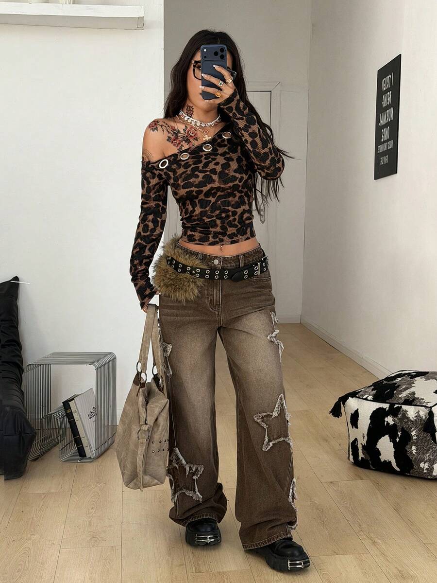 Coolane Women's Winter Streetwear Daily Wear Grunge Grommet Eyelet Essentials Knit Stretchy Comfy Asymmetrical Neck Ruched Black Long Sleeve Tops,Black Top