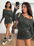 Coolane Women's Fall Y2K Basic Daily Wear Casual Black Knit Asymmetrical Shoulder Batwing Sleeve Beltless Mini Dress