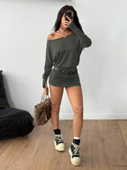 Coolane Women's Fall Y2K Basic Daily Wear Casual Black Knit Asymmetrical Shoulder Batwing Sleeve Beltless Mini Dress