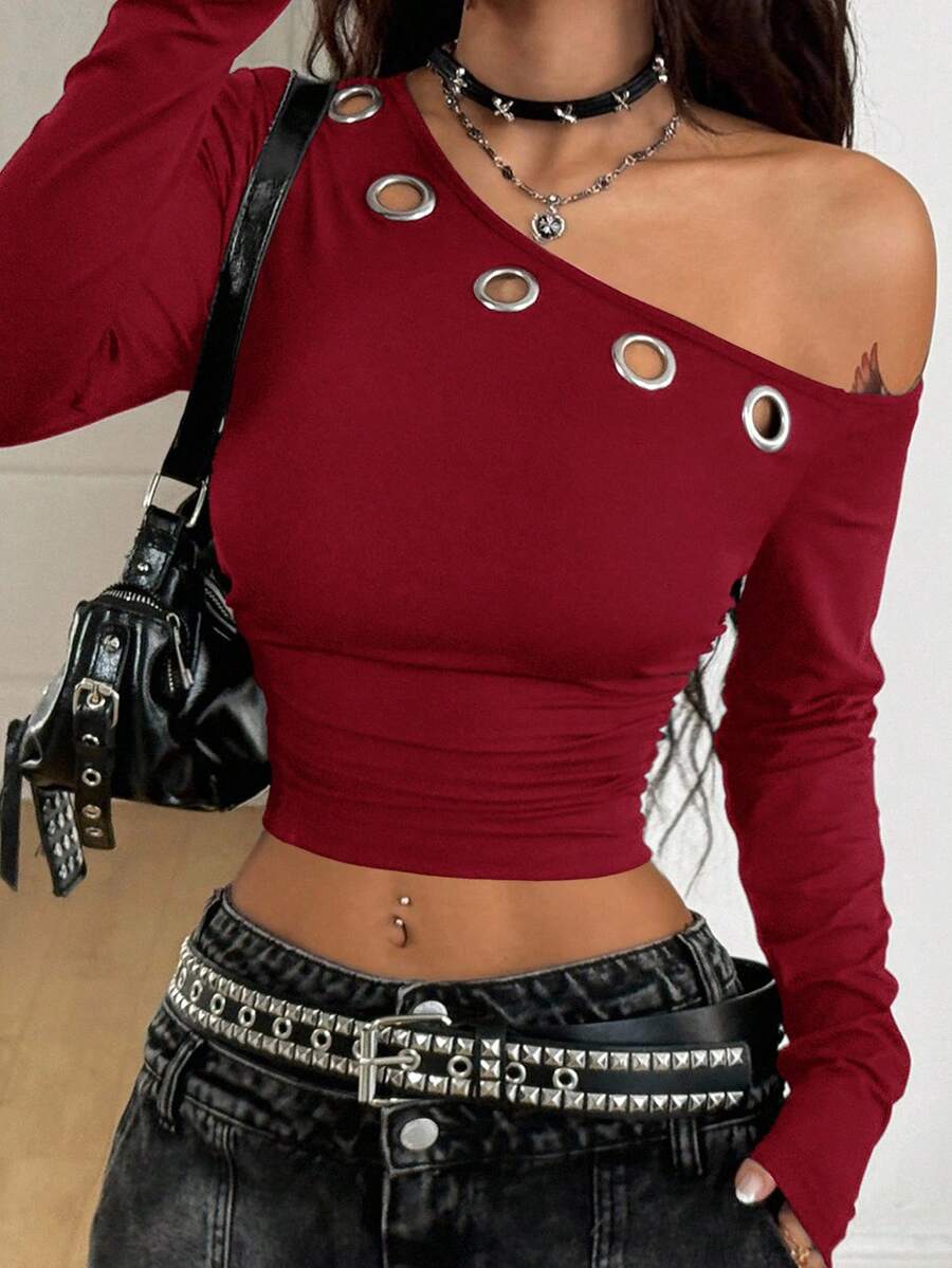 Coolane Women's Winter Streetwear Daily Wear Grunge Grommet Eyelet Essentials Knit Stretchy Comfy Asymmetrical Neck Ruched Black Long Sleeve Tops,Black Top