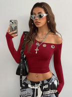 Coolane Women's Winter Streetwear Daily Wear Grunge Grommet Eyelet Essentials Knit Stretchy Comfy Asymmetrical Neck Ruched Black Long Sleeve Tops,Black Top