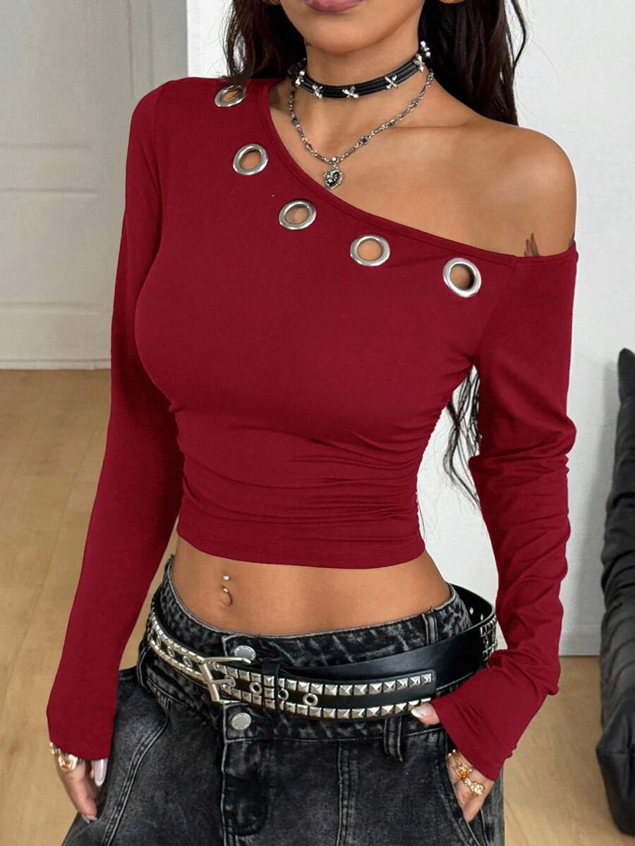 Coolane Women's Winter Streetwear Daily Wear Grunge Grommet Eyelet Essentials Knit Stretchy Comfy Asymmetrical Neck Ruched Black Long Sleeve Tops,Black Top