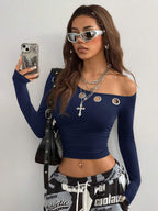 Coolane Women's Winter Streetwear Daily Wear Grunge Grommet Eyelet Essentials Knit Stretchy Comfy Asymmetrical Neck Ruched Black Long Sleeve Tops,Black Top