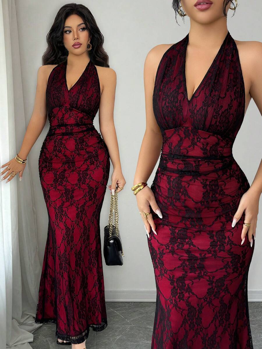 Rafferiza Elegant Bodycon Fishtail Hem V-Neck Waist Pleated Knit Mesh With Rose Red Lining Long Dress For Women, Autumn/Winter Fall Cloth For Women
