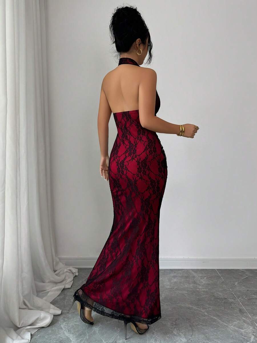 Rafferiza Elegant Bodycon Fishtail Hem V-Neck Waist Pleated Knit Mesh With Rose Red Lining Long Dress For Women, Autumn/Winter Fall Cloth For Women